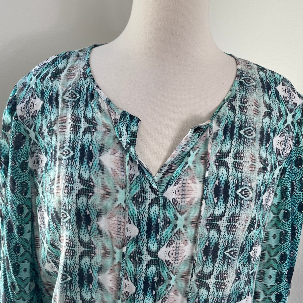 Kobi Halperin Womens XL Teal Ikat‎ Snakeskin Print Blouse Front Neck Tie Shirt - Picture 2 of 10